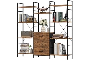 OYRREU 100W x142Hcm Alta Libreria con 3 Tessuto Cassetti, 10 Cubi Libreria Scaffale Legno Rustico, Verticale&Salvaspazio, Scaffale Librerie per Soggiorno, Camera da Letto, Cameretta, Cucina, Giardino