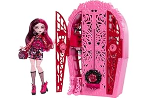 Monster High Straszysekrety Draculaura Seria 5 Ogrodowe zagadki Zestaw lalka, szafa i ponad 19 niespodzianek, w tym ubranka dla lalki i akcesoria, HYT72