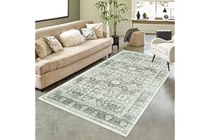 HOMFINE Vintage Area Rug for Living Room - Machine Washable Rug Soft Short Pile for Bedroom Kitchen Floral Print Traditional Rug Stain Resistant, Home Decor Office Carpet, Green, 80 * 150CM