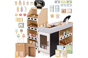 Mamabrum Kids Grocery Store, Wooden Market Play Shop, Children 3+ Supermarket Playset with Accessories: Cash Register, Fruit, Vegetables, Cash, Credit Card, Kids Market Stall - Shop Counter