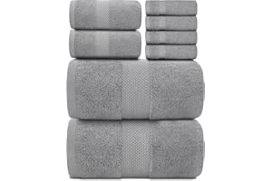 White Classic Luxury Bath Towel Set of 8 Pieces - 100% Turkish Cotton 700 GSM Highly Absorbent Towels for Bathroom, 2 Bath Towels, 2 Hand Towels, 4 Washcloths - Light Grey