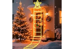Qoosea Christmas Ladder Lights with Santa Claus, 9.8ft Christmas Window Lights with Top Star, 8 Modes Folding Ladder String Light Xmas Decorations Indoor Outdoor for Garden Door Wall(Warm White)