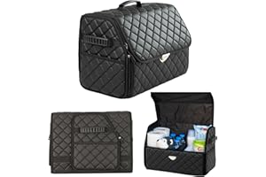 GOSOYO Leather Car Boot Organiser with Lid, Foldable Car Organiser, Trunk Storage with Pockets and Dividers, Boot Organiser, Non-Slip Design (Black-Black)