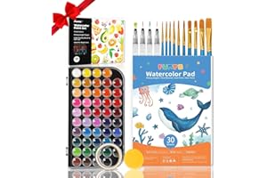 Funto Set di acquerelli, set di 48 colori, 10 pennelli, 4 penne a pennello ad acqua ricaricabili, blocco pagine da 30 (9 "x 12"), nastro adesivo, spugna, tavolozza, kit di pittura, principianti