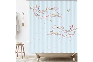 DECOWALL BASHOM BSC-215 Ptaki i kwiaty wiśni Zestaw zasłon prysznicowych dla dzieci Wodoodporna, zmywalna dekoracyjna łazienka 180x180cm Tkanina poliestrowa z 12 haczykami Kolorowa podszewka ze zwierzętami edukacyjnymi