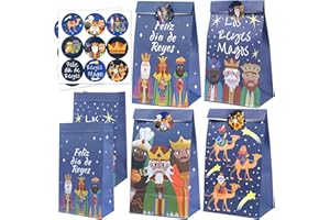 DPKOW 12pcs Reyes Magos Regalo Bolsas con Etiqueta Pegatinas, Papel Navidad Fiesta Bolsas Reyes Magos Embalaje Bolsas, España Reyes Magos Dulce Caramelo Pastelería Bolsas por Reyes Magos Suministros