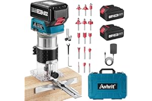 Avhrit Fresadora de Madera a batería, 21 V Fresadora de Madera Compacta con 2 Baterías 4.0Ah, 6 Velocidades, 33.000RPM, 15 Mandriles Collets 1/4" resadora Madera para carpintería