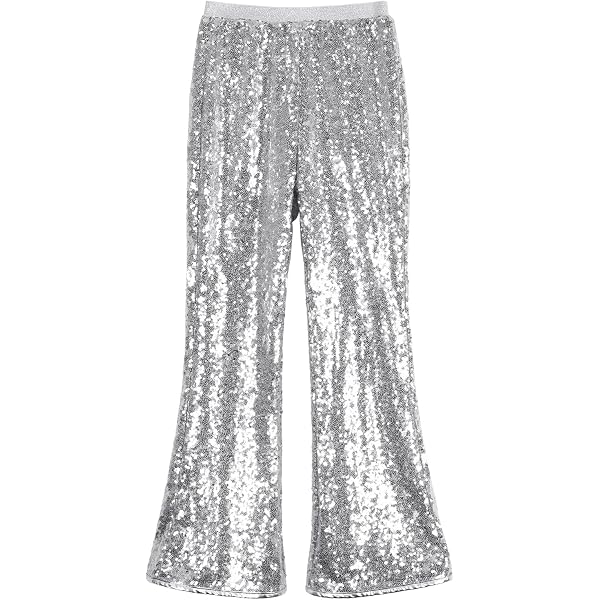 Pantaloni Donna Con Paillettes Glitterate A Gamba Larga, Argento Metallizzato, Eleganti Per Festa E Capodanno, Stile Festival