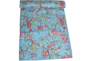 SOPHIA-ART Sophia Art Indian Bohemain Bedding Kantha Vintage Ethnic Cotton Bird Kantha Quilt Coverlet Bedspread Patchwork Stitch Blanket Queen Size Kantha Quilt (Turqoise)