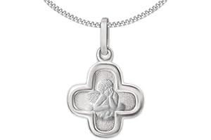 CLEVER SCHMUCK Set Kinder Kreuz Anhänger 11 mm gleichschenklig rundlich & Engel vorn, hinten Gott schütze Dich & Kette Panzer 42 cm STERLING SILBER 925 im Kreuz-Etui