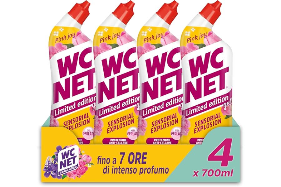Wc Net - Limited Edition Pink Joy Liquid Sanitary Cleaner, Peony and White Musk Essence, Limescale Prevention and Sanitizer for Toilet, 700 ml x 4 Packs