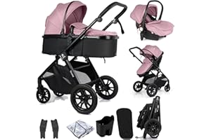 For Your Little One Cruise 3-in-1 Travel System with i-Size Car Seat, Stroller with Carrycot, 13kg Pram, Height Adjustable Handle, Pram, Newborn 0-4 Years Free Raincover and Cupholder (Blush Rose)