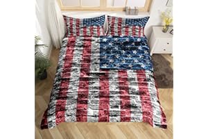 feelingyou Bettbezug-Set mit amerikanischer Flagge,200 x 200 cm,Retro-Rot und Blau,USA-Flaggen-Druck, Bettbezug für Kinder,Kindergeschenk,Bauernhaus-Backsteinmauer-Hintergrund-Bettwäsche-Set, grau