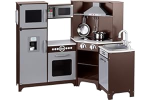 Amazon Basics Cucina giocattolo angolare in legno con sportelli, manopole e luci interattive, 99 x 71 x 89 cm, Color Espresso E Grigio