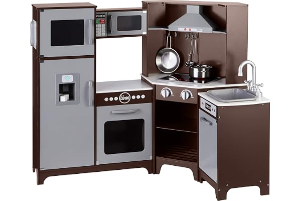 Amazon Basics Cuisine d’angle en bois pour enfants avec portes interactives, boutons et lumières, Expresso et Gris, 99 x 71 x 89 cm