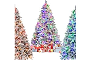 GYMAX Sapin de Noël Artificiel 180cm Lumineux LED, 240 Lumières Multicolores, 8 Modes d'Éclairage, 850 Branches Floqué de Neige, 3 Type de Feuilles avec Pommes de Pin, pour Décoration Intérieur Maison