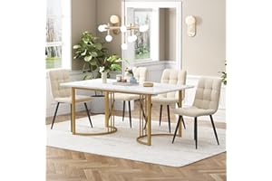 KUAKE Esstisch-Set mit 4 Stühlen 140x80 cm, Essgruppe mit 4 Stühlen aus Samt, Küchen-Esstisch für Zuhause & Familie, Gold Metall Tischbeine + 4 Beige Stühlen(Beige-A)