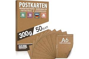 ‎ELES VIDA Blanko Postkarten Kraftpapier zum Selbstgestalten DIN A6 Set - 300g - 10,5 x 14,8 cm Naturkarton Pappe Blätter aus Kraftkarton zum Drucken, Kartonpapier Basteln für Hochzeit Geschenke Etiketten 50 Stk