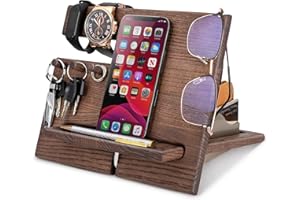 Teslyar Drewniana stacja dokująca na biurko dla mężczyzn, doskonały prezent dla męża, taty, żony, na rocznicę, urodziny, podstawka na noc, organizer na klucze czy portfel, wytrzymały, z jesionu, wenge