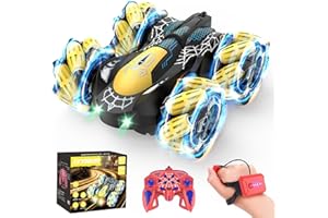 Qryselen Remote Control Car 2.4Ghz RC Cars with LED Lights Double Sided Off-Road 360°Rotating Roll RC Cars Rechargeable 4WD RC Stunt Car Indoor Outdoor Toys for Boys Girls 6-13 (Red) (Black)