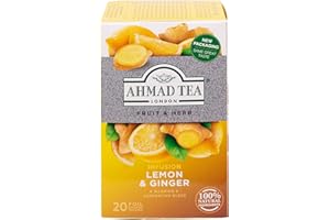 Ahmad Tea Lemon & Ginger Herbata o smaku imbiru i cytryny, 20 torebek herbaty z tasiemką/etykietą, każdy zapieczętowany aromat, 40 g herbaty