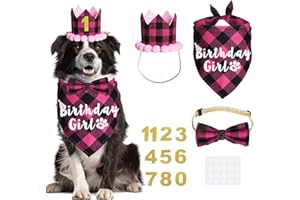 JOTFA Dog Birthday Party Supplies, Plaid Dog Birthday Bandana Girl with Dog Birthday Number Crown Hat Bowtie for Small Medium Dogs Birthday Outfit (Pink, Bandana & Hat & Bow Tie & Number)