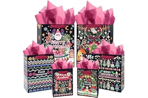 Gcardist Torebki na prezenty na Boże Narodzenie, z bibułką, czarne torebki papierowe z uchwytem, różne rozmiary, na Boże Narodzenie, akcesoria świąteczne (10 szt.)