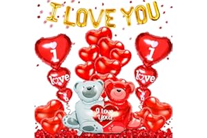 GOLDNICE Valentines Day Balloons Decorations Kit - Bear Foil Balloons, 20Pcs Red Heart Shaped Foil Balloons | I LOVE YOU Balloons & Red Balloons| 500Pcs Artificial Fake Rose Petals for Valentines Day