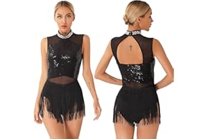 Jhaoyu Women Sequins Tassel Latin Dance Dress Sleeveless Skirted Leotard Salsa Tango Performance Costume