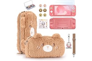 IA INNOAURA innoAura Switch Lite Case, 14-in-1 Accessories Bundle with Carrying Case, Screen Protector, Game Case & Thumb Caps (Brown Bear)