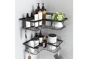 Malajess Corner Shower Caddy, Self Adhesive Wall Mounted Shower Shelf with Hooks, Large Capacity, No Drilling, Rustproof Shower Organiser Bathroom Storage Rack, 2 Pack(Black)