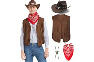 Firecos Cowboy Costume for Men Western Cosplay Fringed Waistcoat with Hat Scarf Vintage Necklace for Carnival Hippie Costume Set for Adults