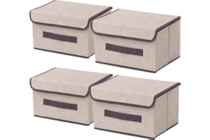 NCRGB Boite de Rangement avec Couvercle,Boite Rangement Tissu,Cube de Rangement tissu,Pliantes,Boîtes de Rangement pour placards,Vêtements,Penderies,Jouets (26×19×16cm/4pack, Beige Blanc)