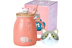 SHENDONG Kubek w kształcie kota, słodka filiżanka do kawy z motywem kota kawaii, drewnianą pokrywką i piękną łyżeczką ze stali nierdzewnej, nowość Poranna filiżanka do kawy, mleka, herbaty, 3D, dla miłośników