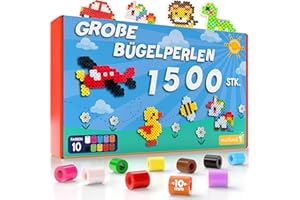 ‎MUTKIND MUTKIND® 1500x Bügelperlen Groß 10mm [10 Tolle Farben] - Für Kinder ab 3 Jahren - Extra Leicht zu Greifen - XL Große Bügelperlen Maxi Steckperlen Set - Inkl. 50 kreativen Vorlagen zum Download