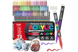 Gelanty Feutre Acrylique, 72 couleurs Acrylic Paint Marker avec embout pinceau flexible, liquide direct Acrylic Brush Marker feutres coloriage pour la peinture sur roche, céramique, bois, verre