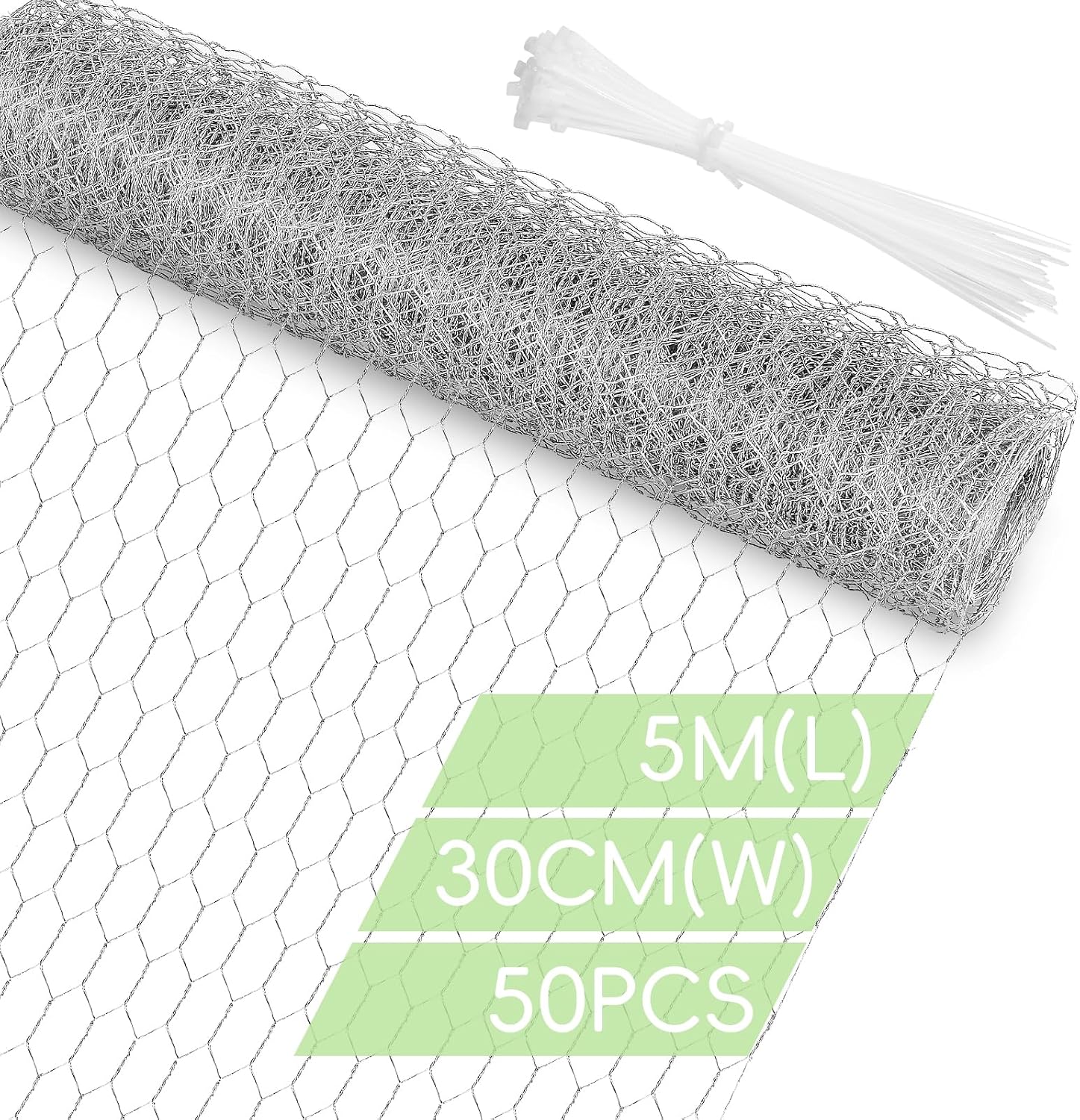 Flintronic Malla Hexagonal Galvanizada para Cercados, 30 cm (H) x 5 m (L) Red Alambre Hexagonal, Tamaño de Malla 25mm, con 50 Bridas, Plata, Ideal para Jardín y Protección de Animales