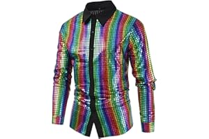 Fowjknww Herren Sparkle Langarmhemd Metallische Glänzend Hemden Regenbogen Gestreiftes Bluse Vintage 70Er 80Er Jahre Kostüm Disco Nachtclub Bar Kleidung Performance Bühnenshow Oberteil