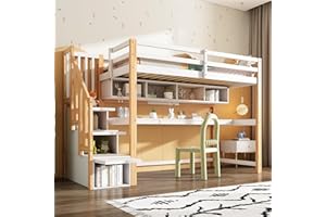 ‎MERAX Merax Hochbett 90x200cm mit großen Schreibtisch und Regale, Kinderbett mit Sicherheitsleiter, Etagenbett mit Stauraum für Jungen, Mädchen, Natürlich und Weiß (Ohne Matratze)