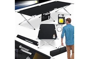 KESSER® Cama de Camping Plegable Resistente con Bolsa de Transporte, Bolsillo Lateral y Luz de Camping | 210x73x45cm hasta 150 kg Tubo de Metal | Tela Oxford 600D Portátil Cómoda | Negro