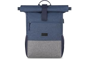 ‎RJEU RJEU Laptop Rucksack für 17 Zoll,Rolltop Rucksack Herren Damen,Laptoptasche für Schule,Studium,Reisen,Schulrucksack(BlauGrau-26L)