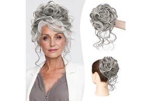 Sofeiyan Chignon Capelli Finti con Elastico, Ondulato Chignon Finto per Capelli Sintetica Coda di Cavallo Posticci per Capelli Spessi Updo per Donne, 50g Grigio e Punte Bianche