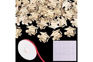 FLOFIA 50pcs Adorno Gorro de Graduación de Madera Mini, Colgante de Madera Graducación Pequeña, para Baución Comunión Navidad Manualidad DIY Regalo Fiesta Boda Scrapbooking, 4cm Kit Cinta