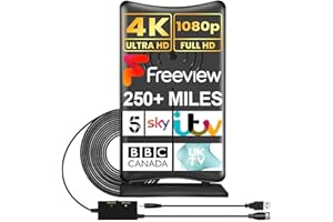GEEKERA TV Aerial, Indoor Outdoor TV Ariel 400KM Freeview Digital HDTV Arial 4K 1080P 360°Omni Directional Signal Reception with Aerial Booster Long Cable Detachable Stand for Channel
