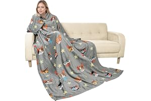 Catalonia Classy Decke mit Ärmeln als Geschenk für Frauen Herren, Flauschig Fleece Tragbare Kuscheldecke mit Ärmel, Cozy Warm Decke zum Anziehen Ärmeldecke Erwachsene, 185 x 130 cm, Katze Hund Grau