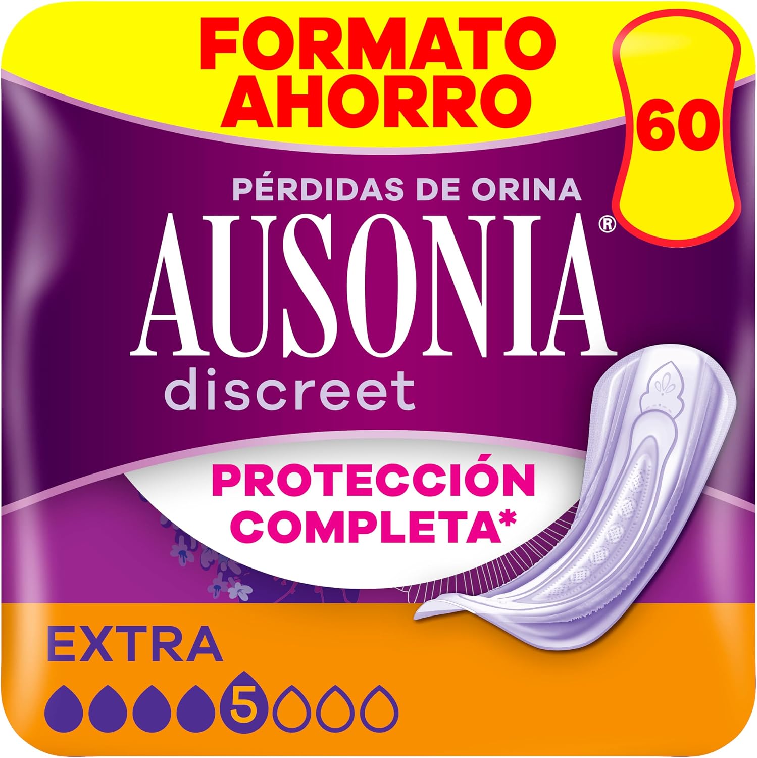 Ausonia Discreet Compresas Extra, Pack de 60,Para Pérdidas De Orina Para Mujer, Protección Completa*, Discreción Increíble