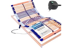 elektrischer Lattenrost 100% BUCHE - Kopf- u. Fußteil elektrisch verstellbar - SCHULTERFRÄSUNG, 7 Zonen, 44 Federleisten, Härteregulierung, Mittelgurt - Motor Comfort 44® - fertig montiert (90x200)
