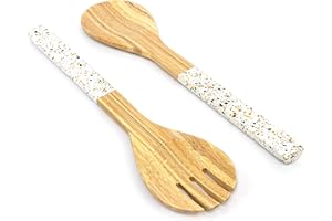 Jungle Culture® Bamboo Salad Servers - Utensilios Naturales para Servir - Pinzas de Madera Ecológica - Cubiertos de Cocina - Vajilla para Frutas y Ensaladas - Mangos Estilo Terrazo