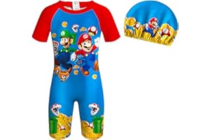 Brigcalki Mario Swimming Costume One Piece with Cap Boys Swimuit Kids Swimming Trunks Pool Beach Holiday Bathing for 2-9 Years