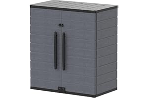 Duramax Cedargrain Short Plastic Vertical Storage Cabinet, 2 Door Cabinet with 2 Shelves, Garden Storage Locker, Outdoor Lockable Cabinet, Water Resistant Short Cupboard, Garden Storage Unit, Grey